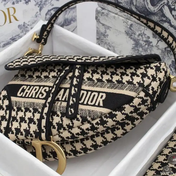 Dior Outlet Dior Saddle Christian Canvas Motif Black Bag Houndstooth 0507